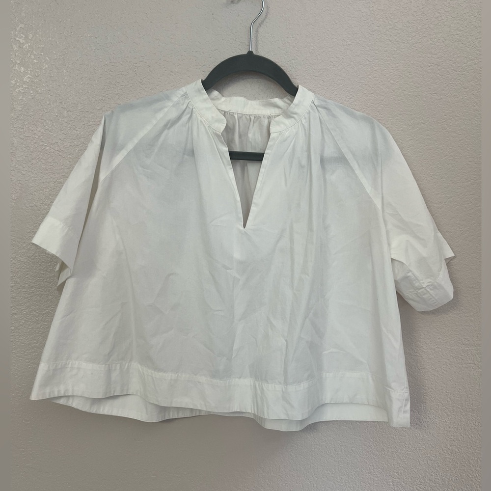 White Cropped Popover V-Neck Short Sleeve Blouse